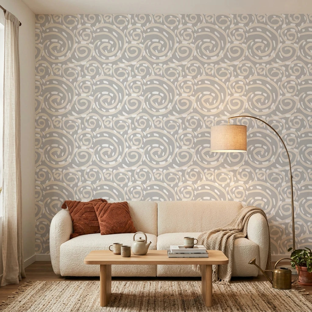 Silver Eddy soft grey abstract swirl wallpaper in a warm and inviting living room