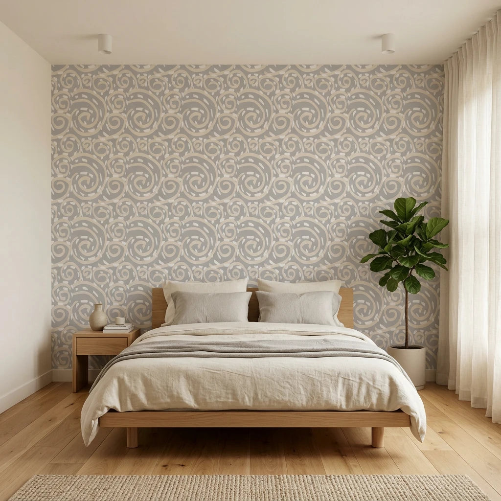 Silver Eddy soft grey abstract swirl wallpaper adding character to a cozy bedroom