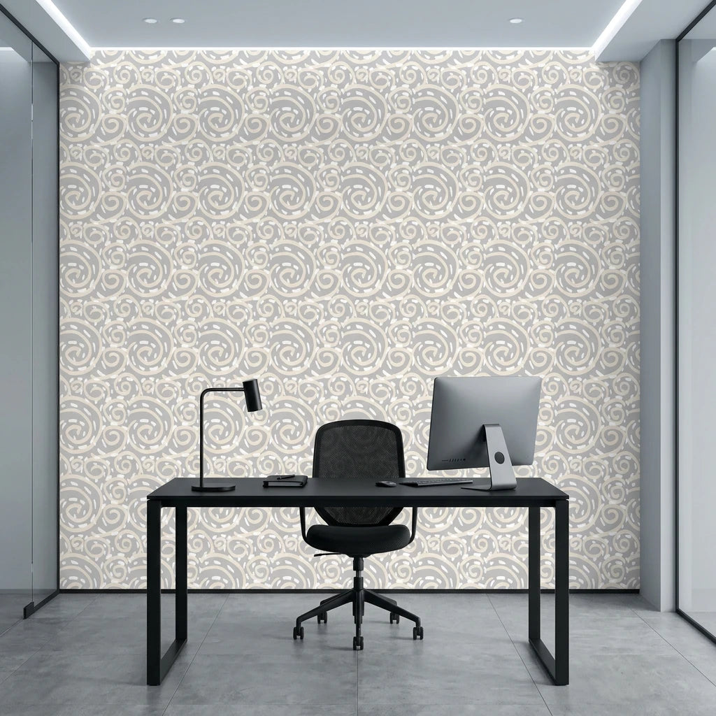 Silver Eddy soft grey abstract swirl wallpaper as a feature wall in a bright home office
