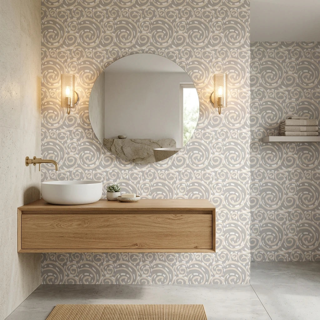 Silver Eddy soft grey abstract swirl wallpaper creating ambiance in a serene bathroom