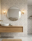 Silver Eddy soft grey abstract swirl wallpaper creating ambiance in a serene bathroom
