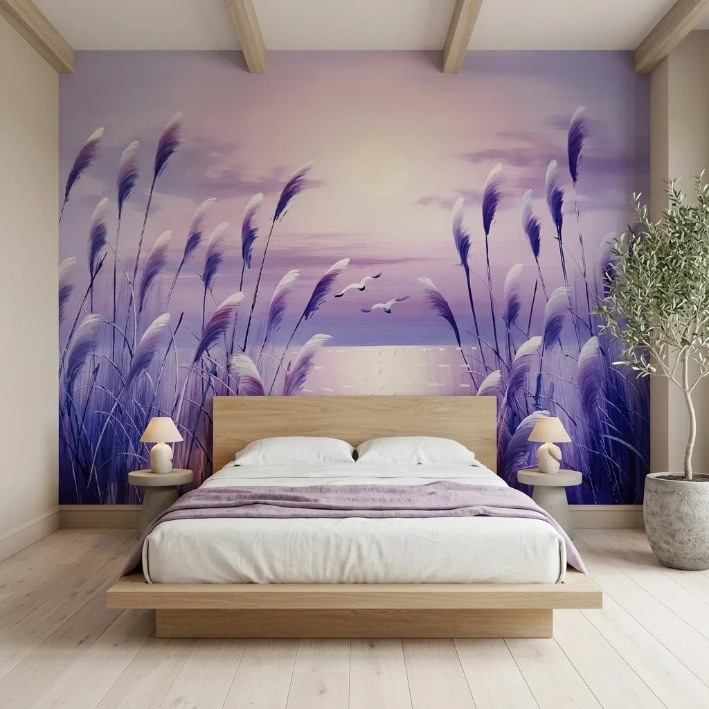 Smooth lavender sunset pampas grass scenic peel and stick wallpaper - Silver Plumes