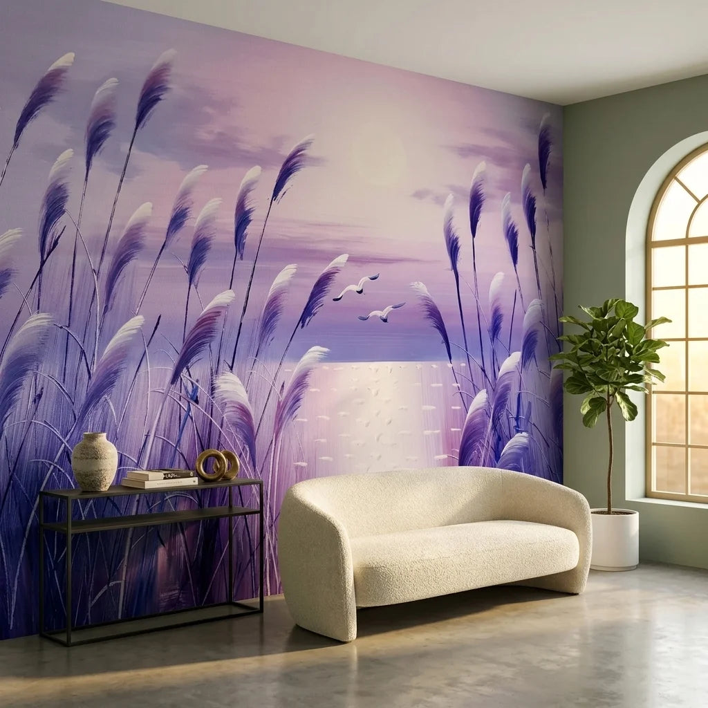 Silver Plumes lavender sunset pampas grass wallpaper in a warm and inviting living room