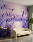 Silver Plumes lavender sunset pampas grass wallpaper in a warm and inviting living room