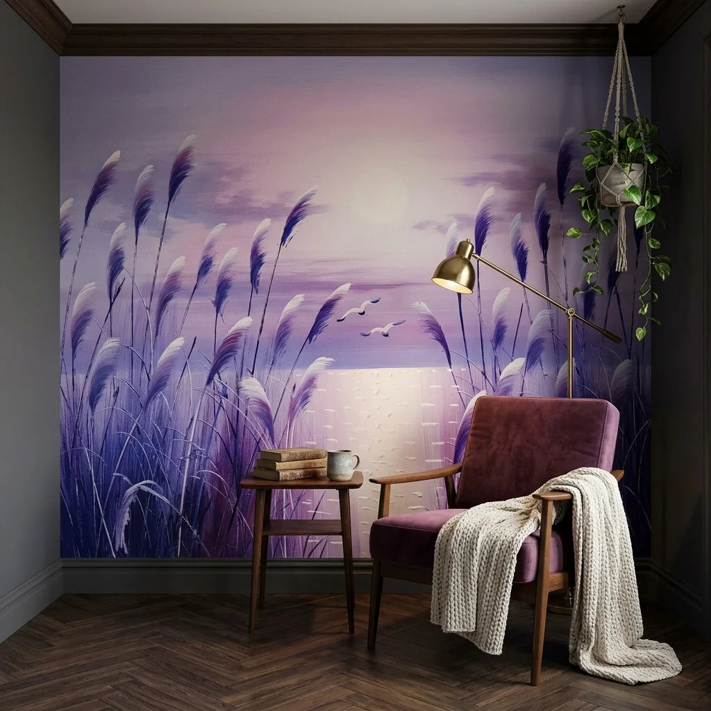 Silver Plumes lavender sunset pampas grass wallpaper adding character to a cozy bedroom