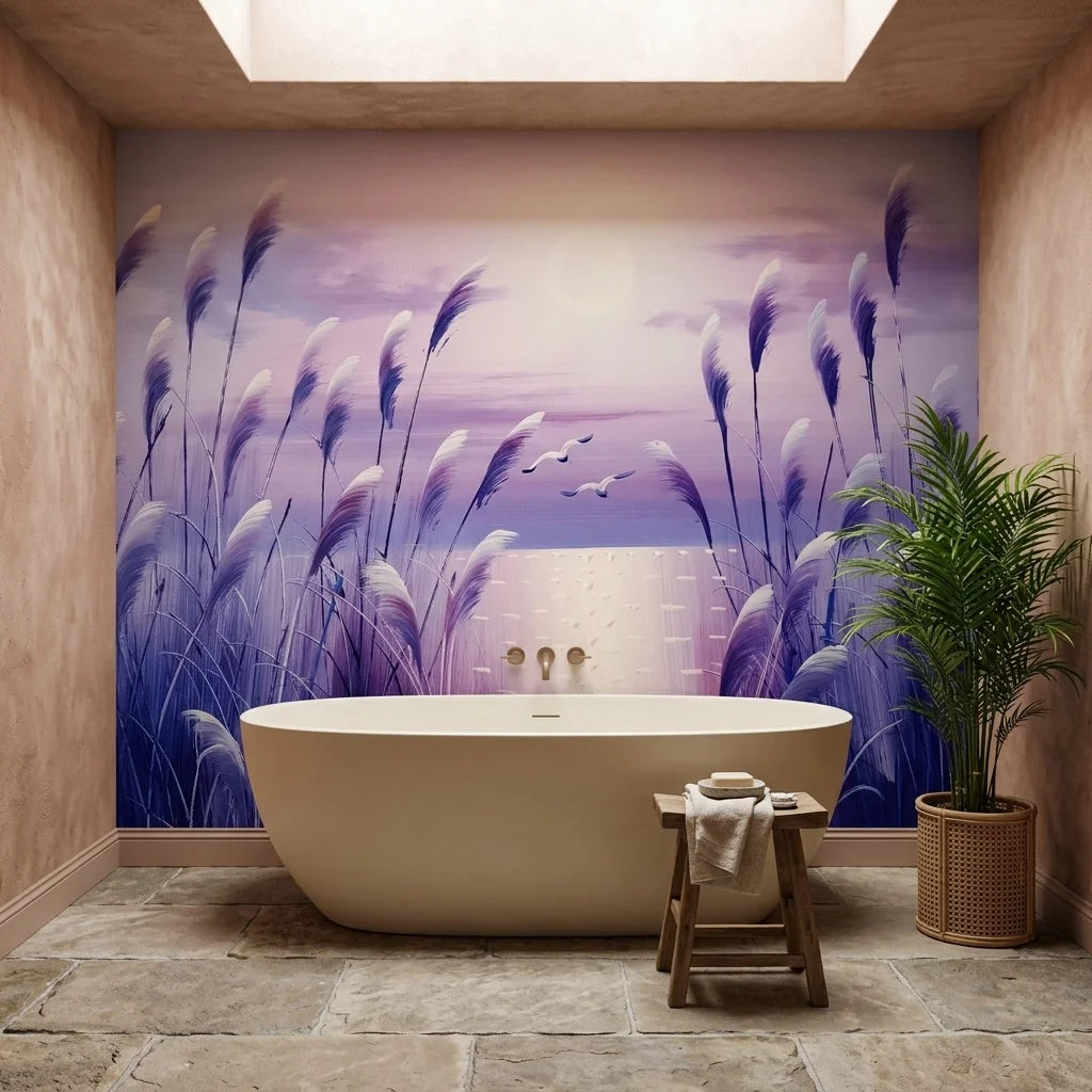 Silver Plumes lavender sunset pampas grass wallpaper as a feature wall in a bright home office