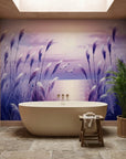 Silver Plumes lavender sunset pampas grass wallpaper as a feature wall in a bright home office