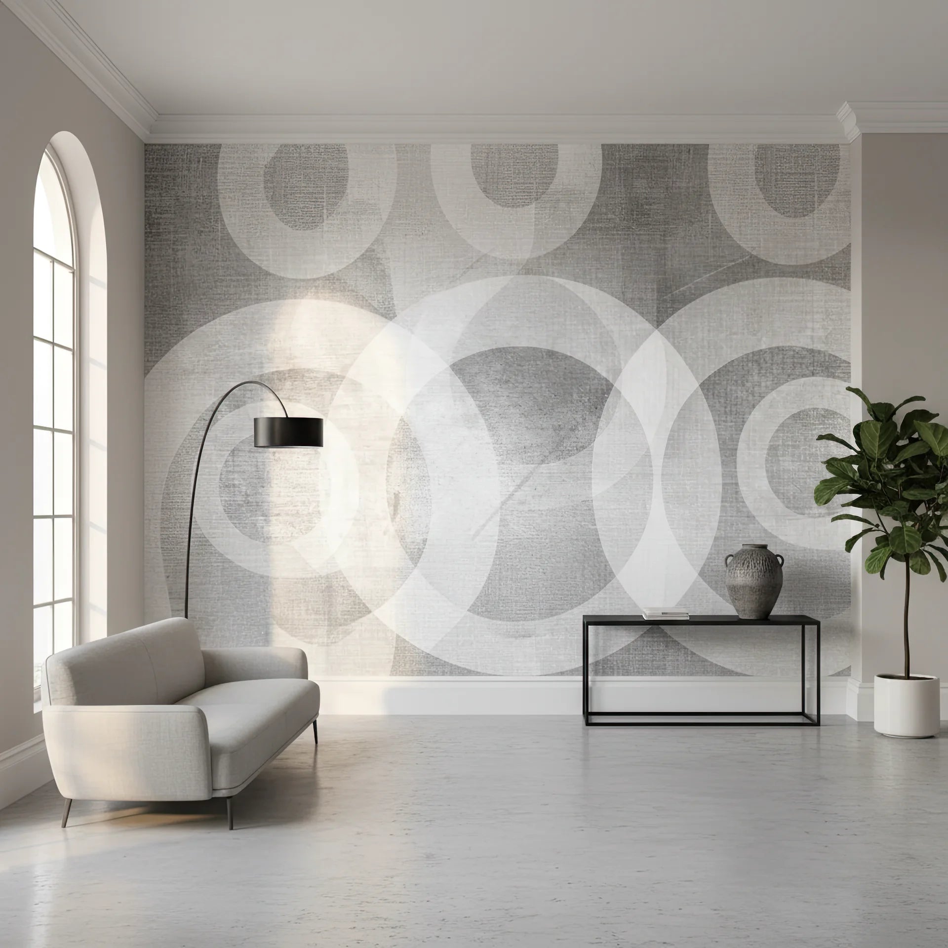 Geometric circle peel and stick wallpaper in soft grey and white