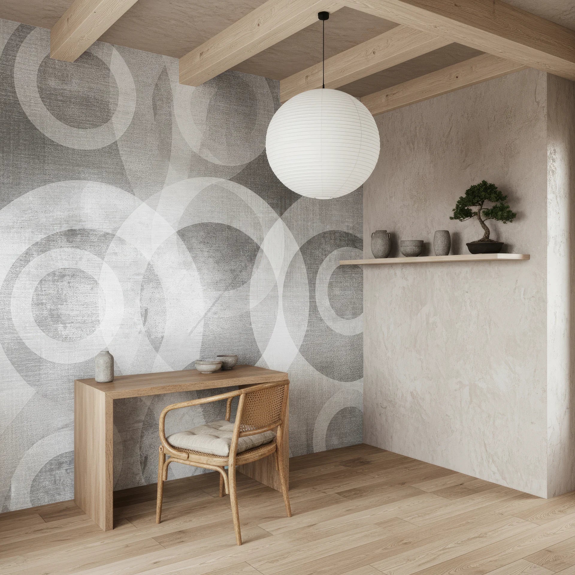 Rhythmic removable wallpaper with overlapping circular motifs