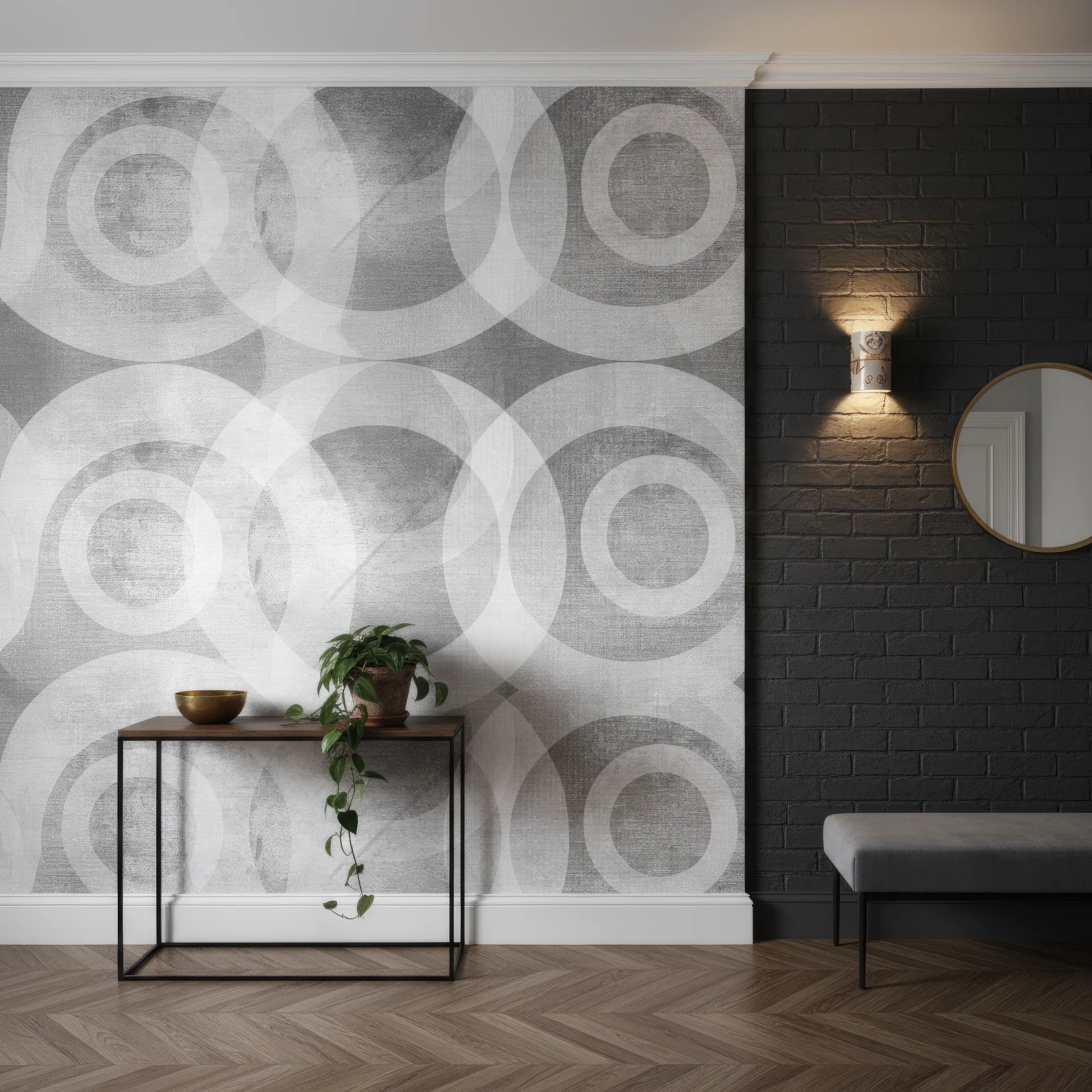 Contemporary geometric wallpaper featuring ripple ring pattern