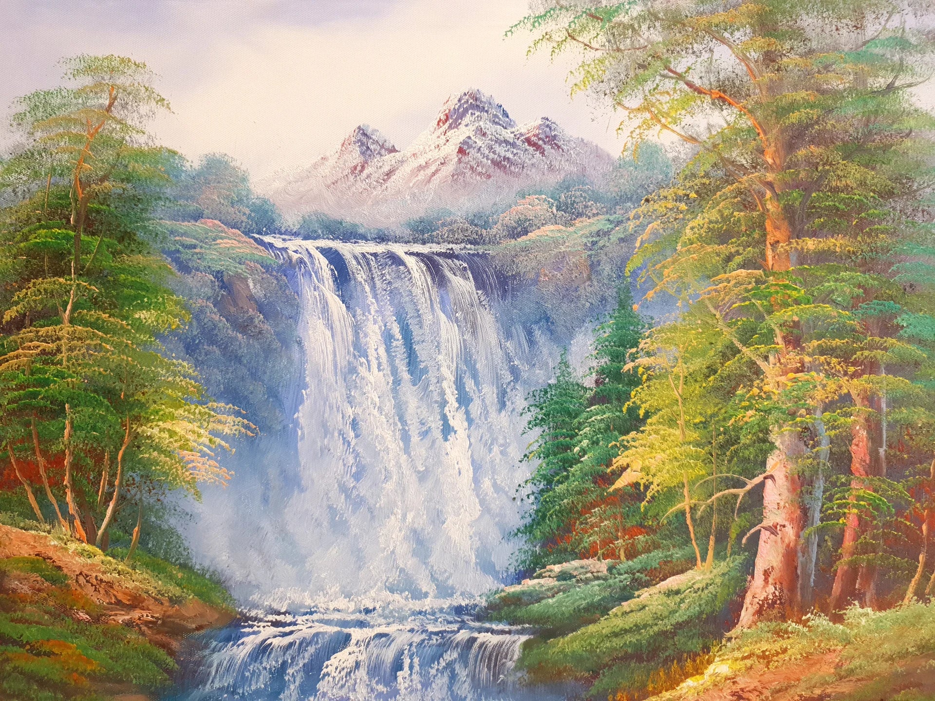 Silver Rush majestic mountain waterfall forest wallpaper creating ambiance in a serene bathroom