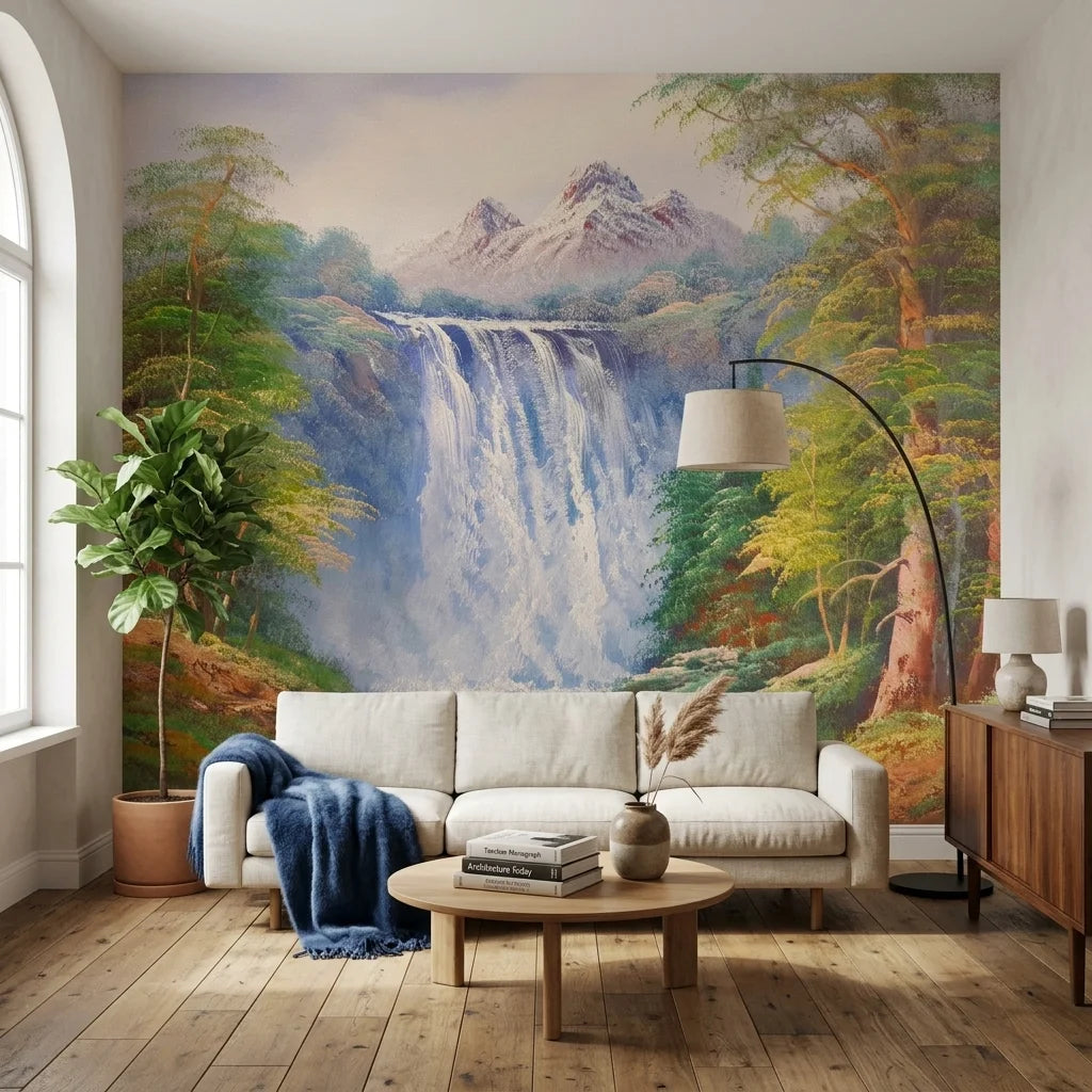 Canvas-like majestic mountain waterfall forest peel and stick wallpaper - Silver Rush