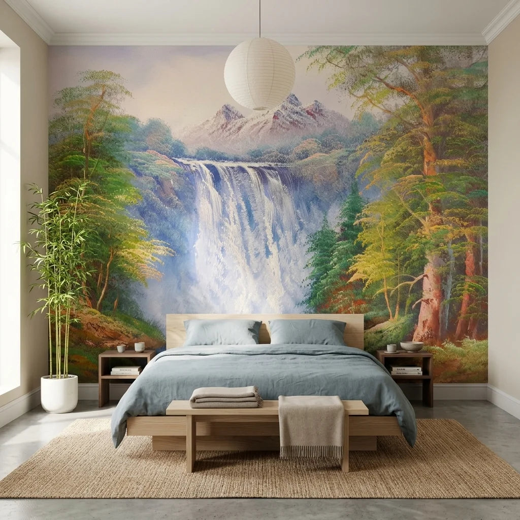 Silver Rush majestic mountain waterfall forest wallpaper in a warm and inviting living room