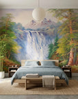 Silver Rush majestic mountain waterfall forest wallpaper in a warm and inviting living room