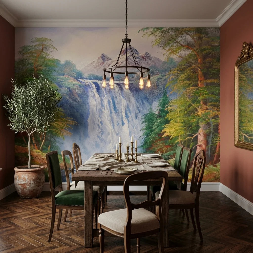 Silver Rush majestic mountain waterfall forest wallpaper adding character to a cozy bedroom