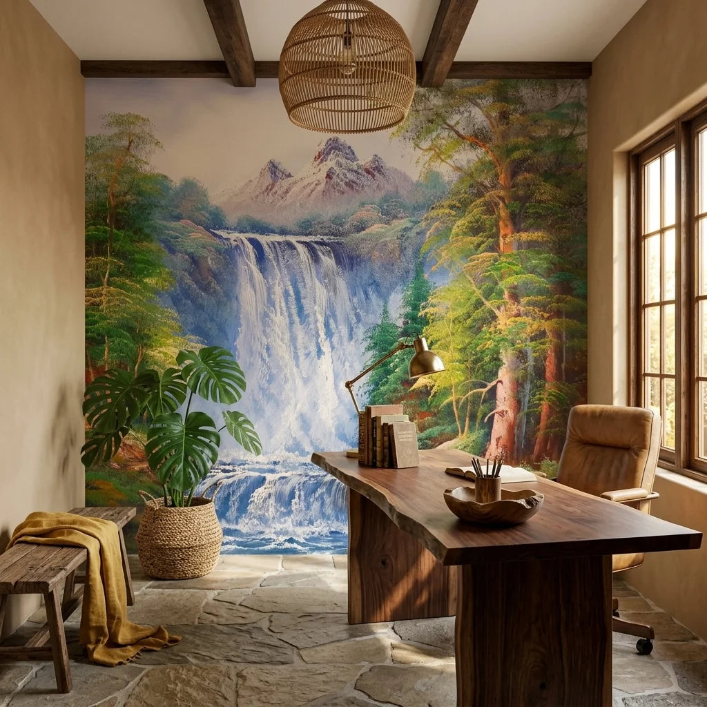 Silver Rush majestic mountain waterfall forest wallpaper as a feature wall in a bright home office