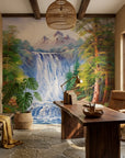 Silver Rush majestic mountain waterfall forest wallpaper as a feature wall in a bright home office