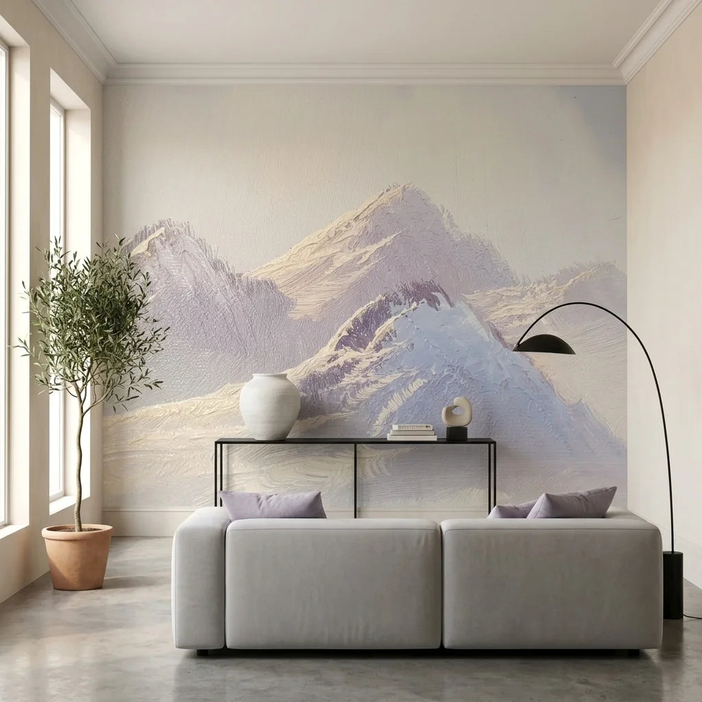 Canvas-like silver lavender painted mountain landscape peel and stick wallpaper - Silver Silence