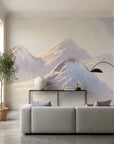 Canvas-like silver lavender painted mountain landscape peel and stick wallpaper - Silver Silence