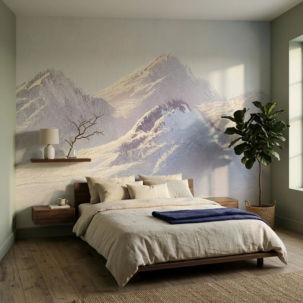 Silver Silence lavender and silver mountain landscape wallpaper in a warm and inviting living room