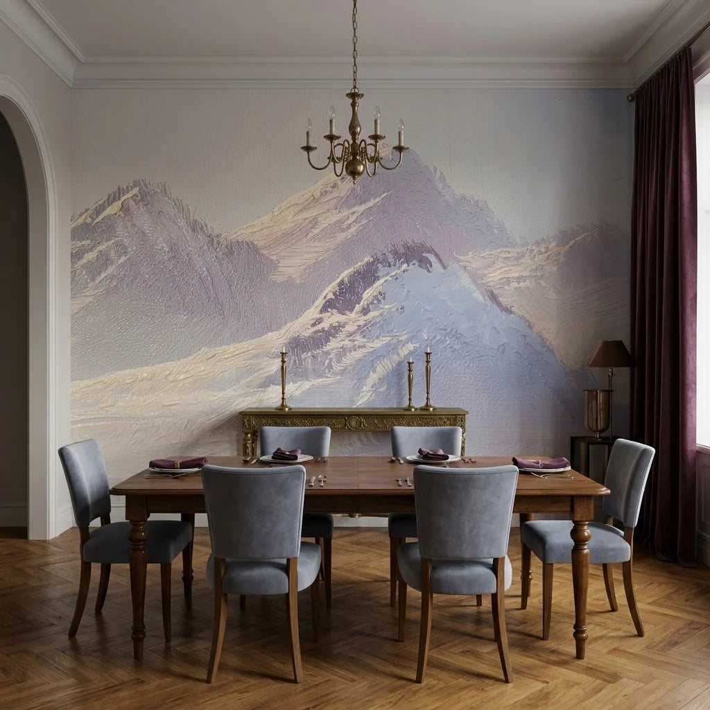 Silver Silence lavender and silver mountain landscape wallpaper adding character to a cozy bedroom
