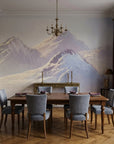 Silver Silence lavender and silver mountain landscape wallpaper adding character to a cozy bedroom