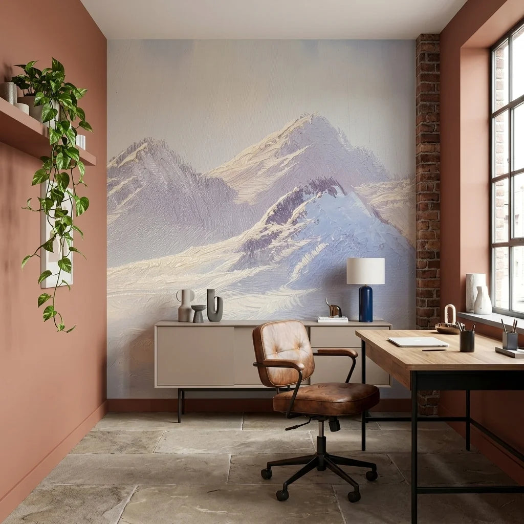 Silver Silence lavender and silver mountain landscape wallpaper as a feature wall in a bright home office