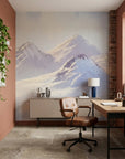 Silver Silence lavender and silver mountain landscape wallpaper as a feature wall in a bright home office