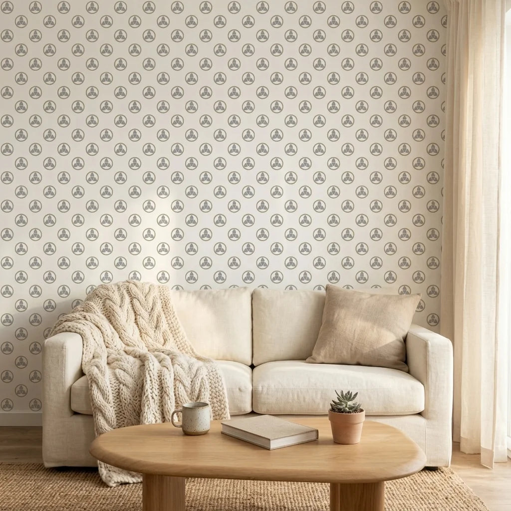 Silver Trefoil elegant grey and gold minimalist wallpaper creating ambiance in a serene bathroom