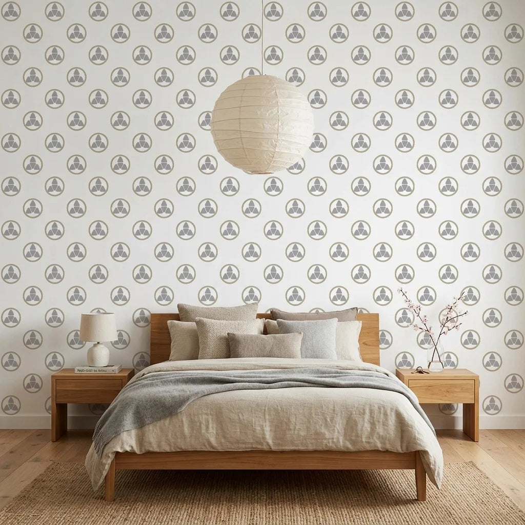 Silver Trefoil elegant grey and gold minimalist wallpaper in a warm and inviting living room