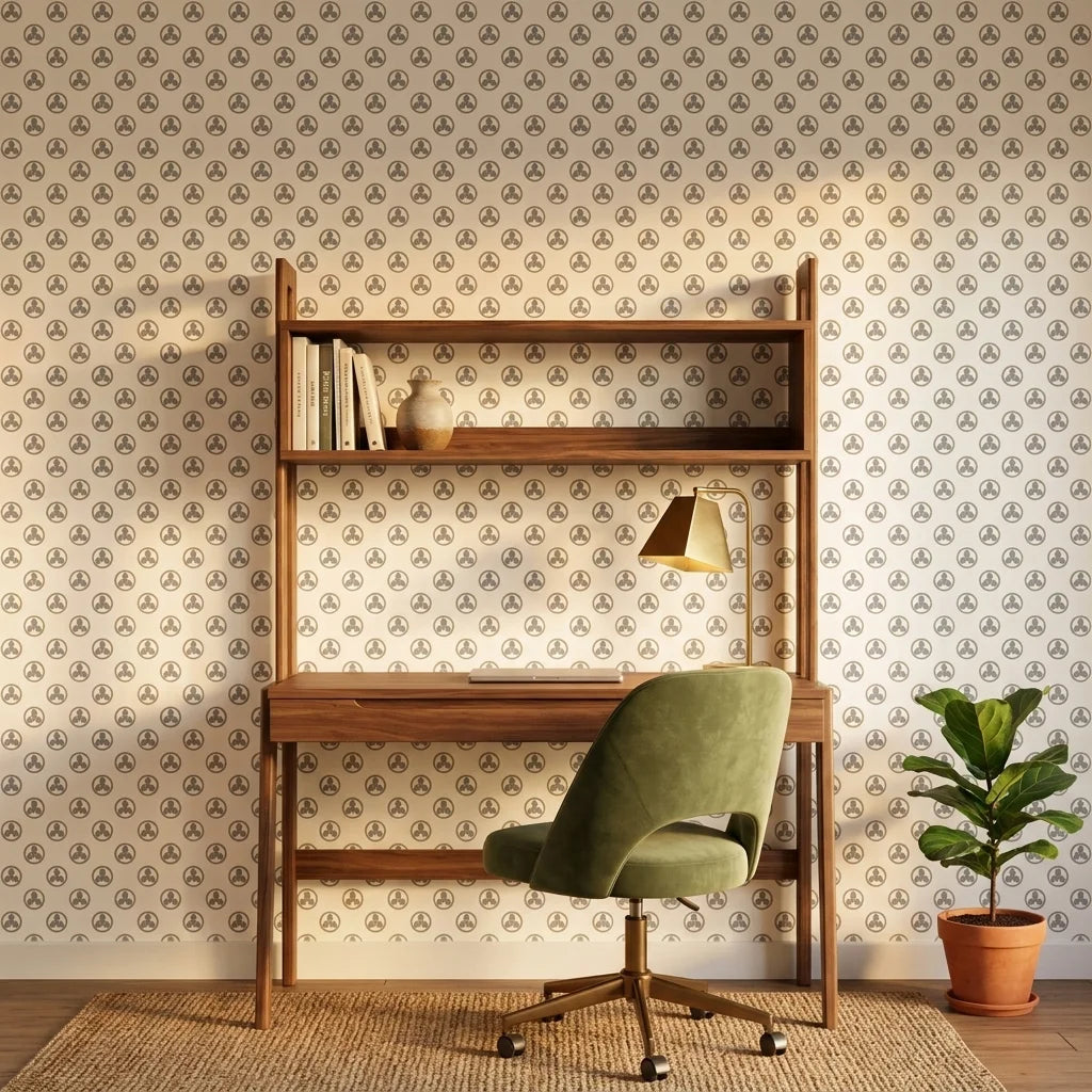 Silver Trefoil elegant grey and gold minimalist wallpaper adding character to a cozy bedroom