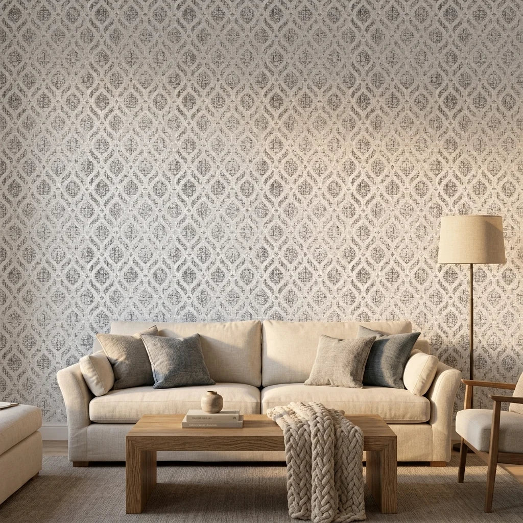 Silver Veil textured gray damask peel and stick wallpaper in a warm and inviting living room