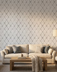 Silver Veil textured gray damask peel and stick wallpaper in a warm and inviting living room