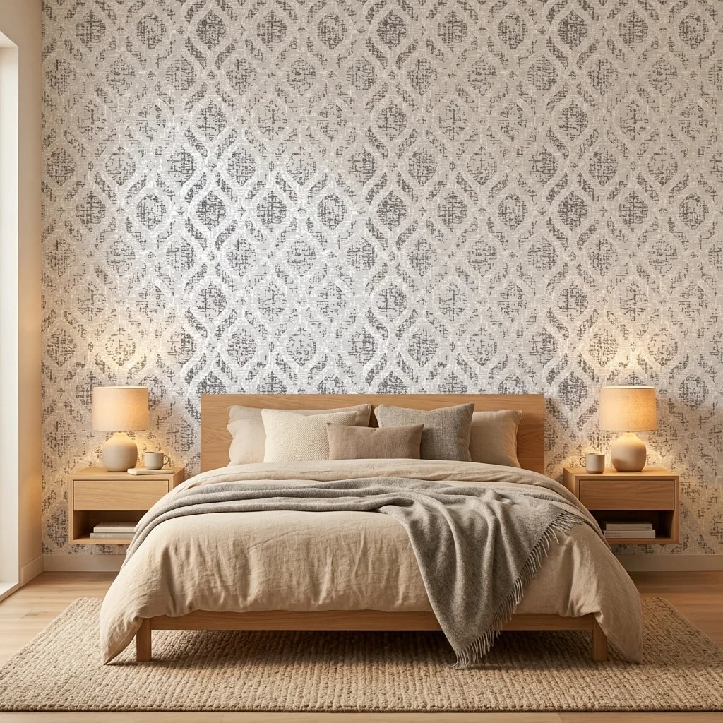 Silver Veil textured gray damask peel and stick wallpaper adding character to a cozy bedroom
