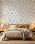 Silver Veil textured gray damask peel and stick wallpaper adding character to a cozy bedroom