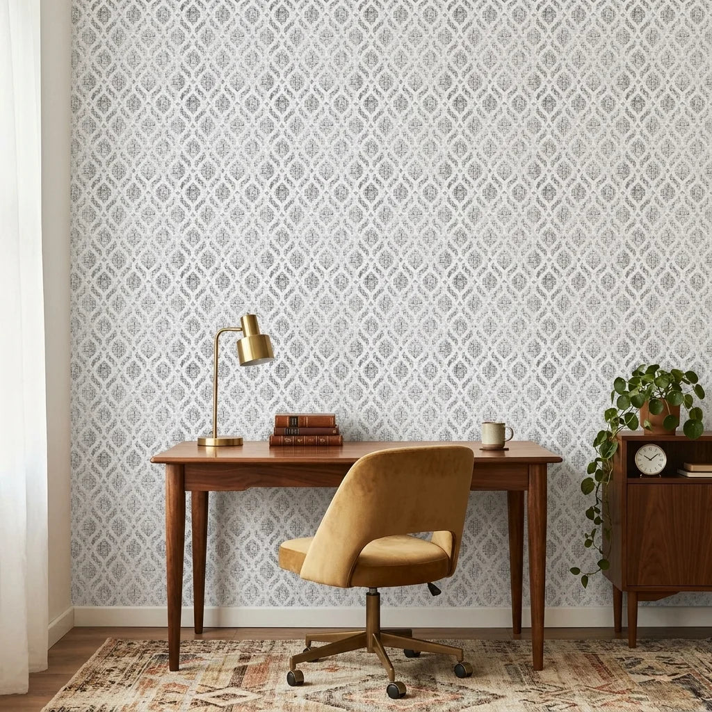 Silver Veil textured gray damask peel and stick wallpaper as a feature wall in a bright home office