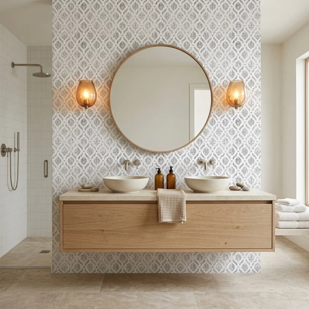 Silver Veil textured gray damask peel and stick wallpaper creating ambiance in a serene bathroom