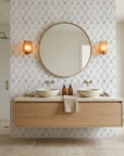 Silver Veil textured gray damask peel and stick wallpaper creating ambiance in a serene bathroom