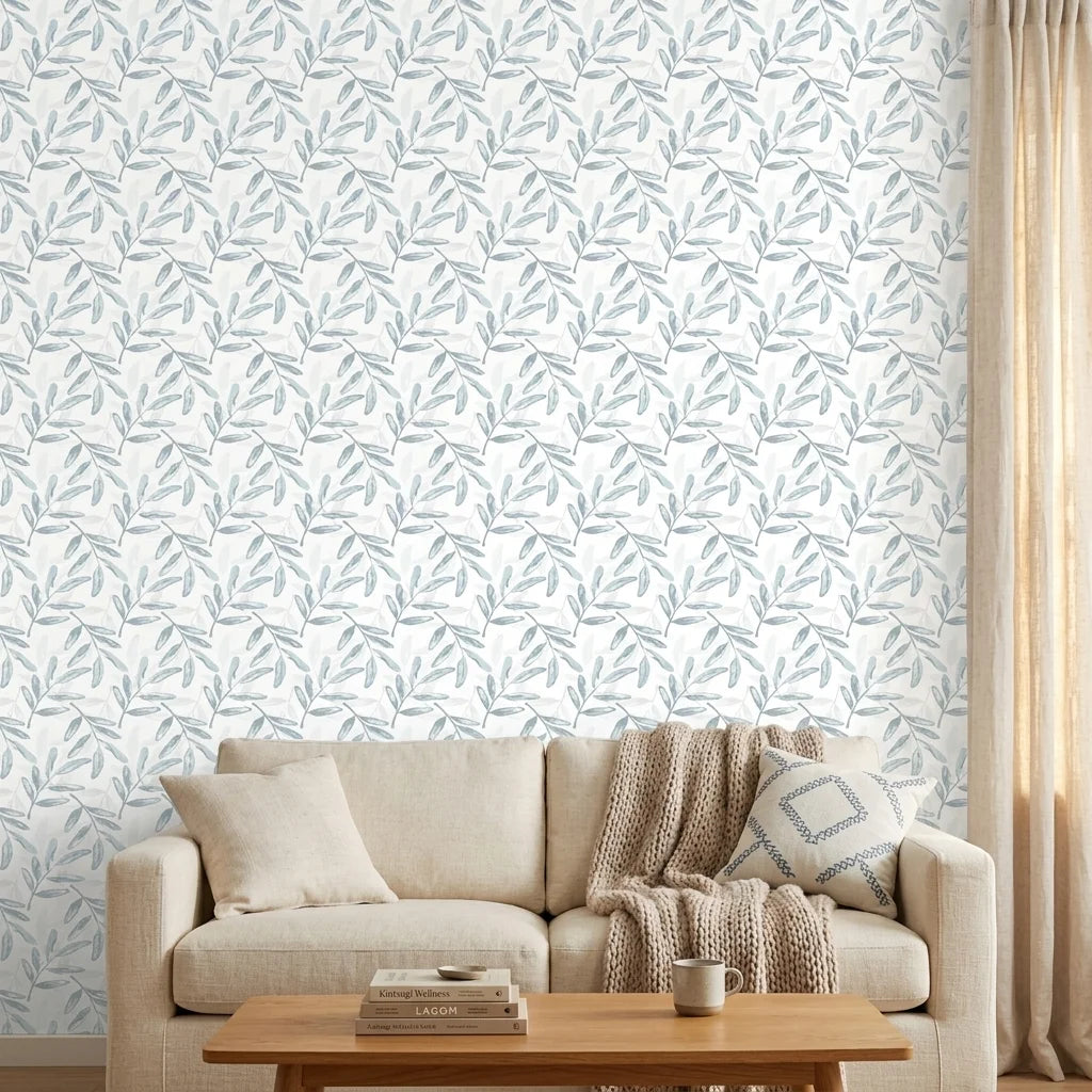 Silver Willow serene blue botanical wallpaper in a warm and inviting living room