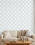Silver Willow serene blue botanical wallpaper in a warm and inviting living room