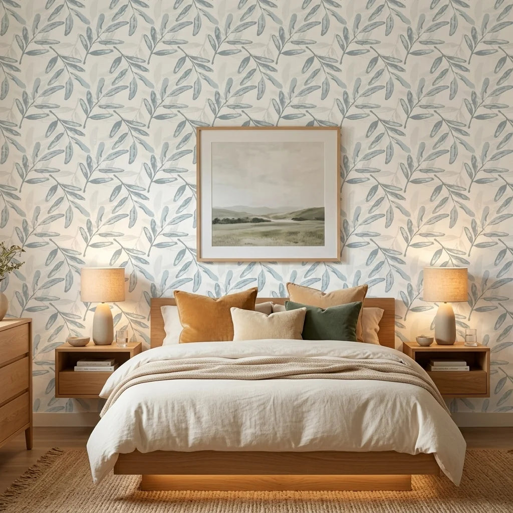 Silver Willow serene blue botanical wallpaper adding character to a cozy bedroom