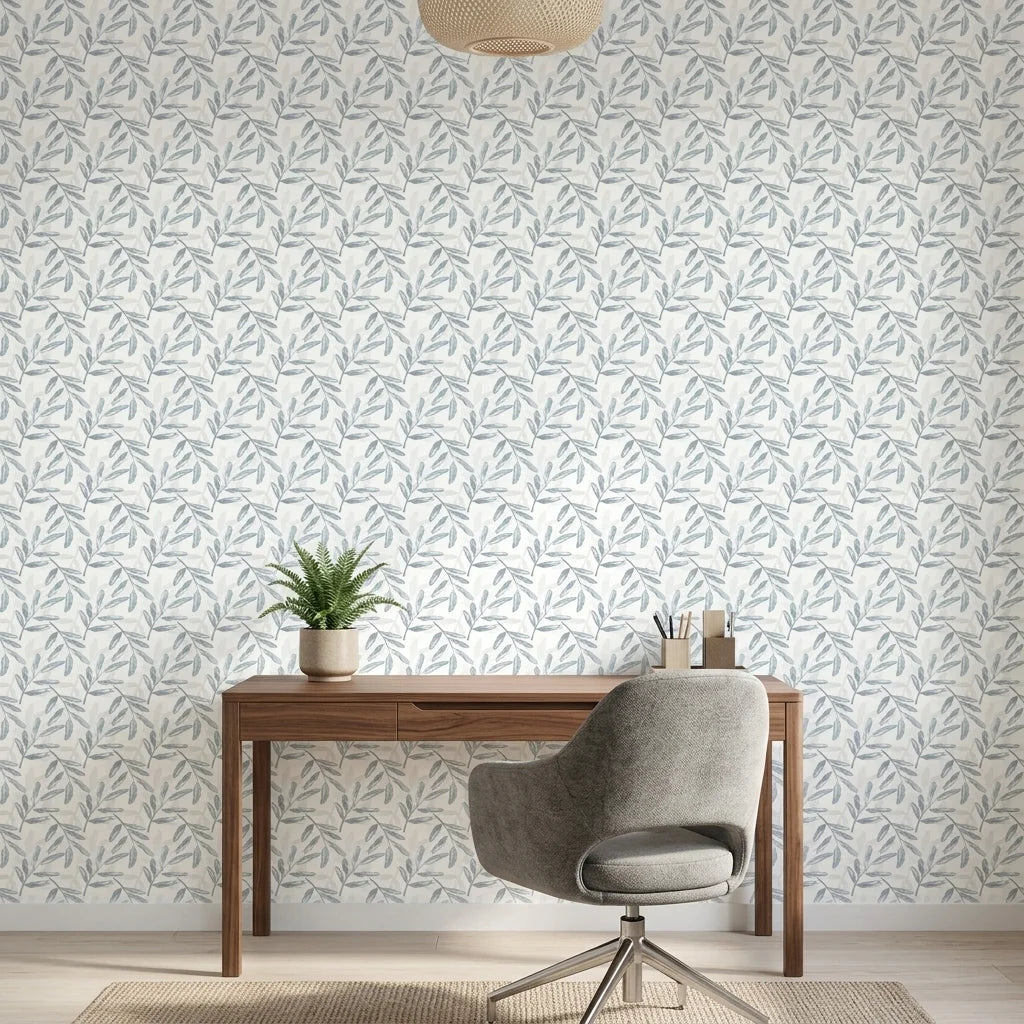 Silver Willow serene blue botanical wallpaper as a feature wall in a bright home office