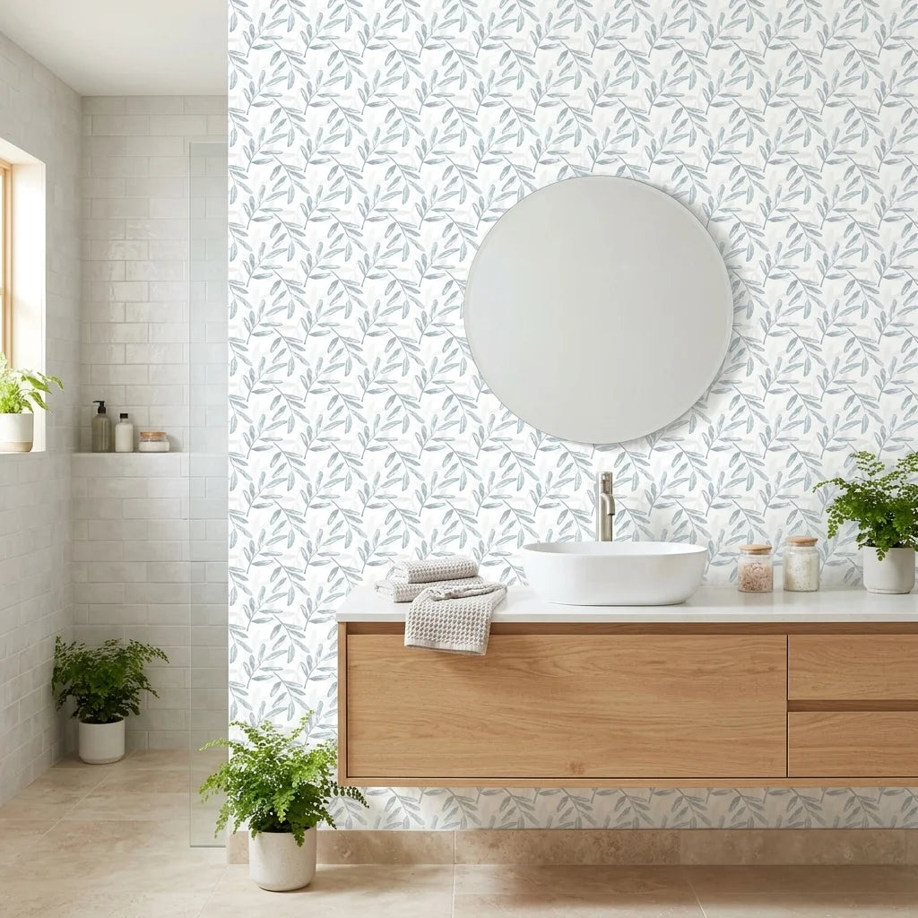 Silver Willow serene blue botanical wallpaper creating ambiance in a serene bathroom