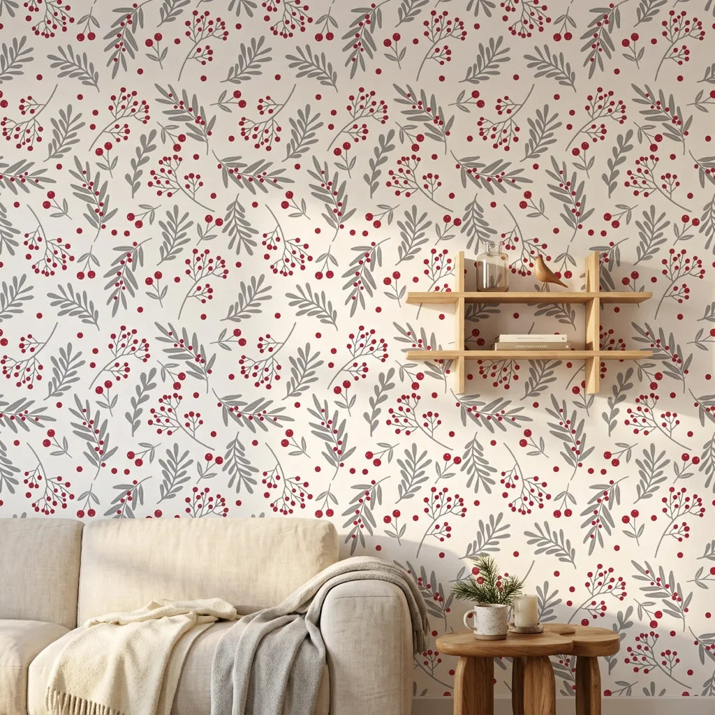 Silver & Berry modern red botanical wallpaper in a warm and inviting living room