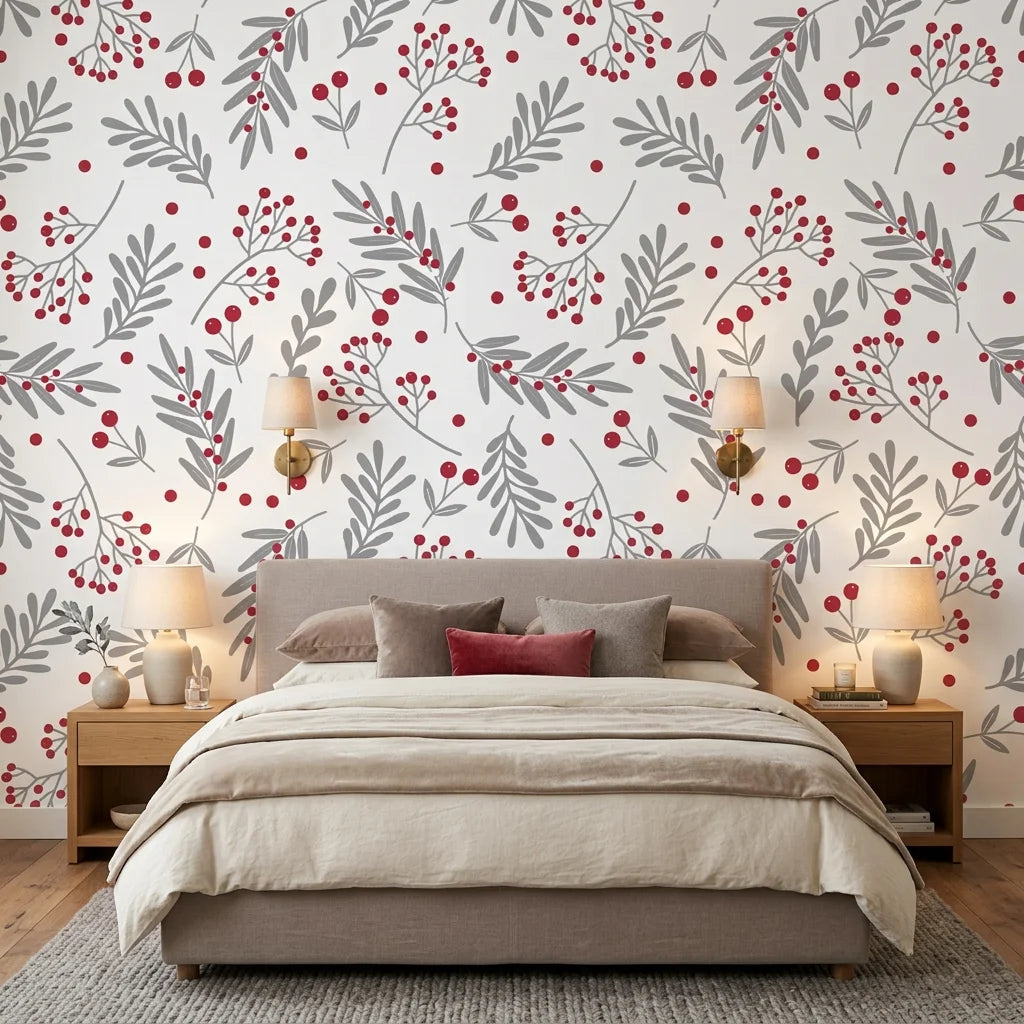 Silver & Berry modern red botanical wallpaper adding character to a cozy bedroom