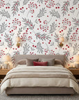 Silver & Berry modern red botanical wallpaper adding character to a cozy bedroom