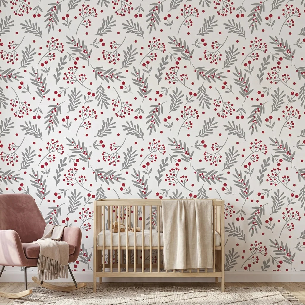 Silver & Berry modern red botanical wallpaper as a feature wall in a bright home office
