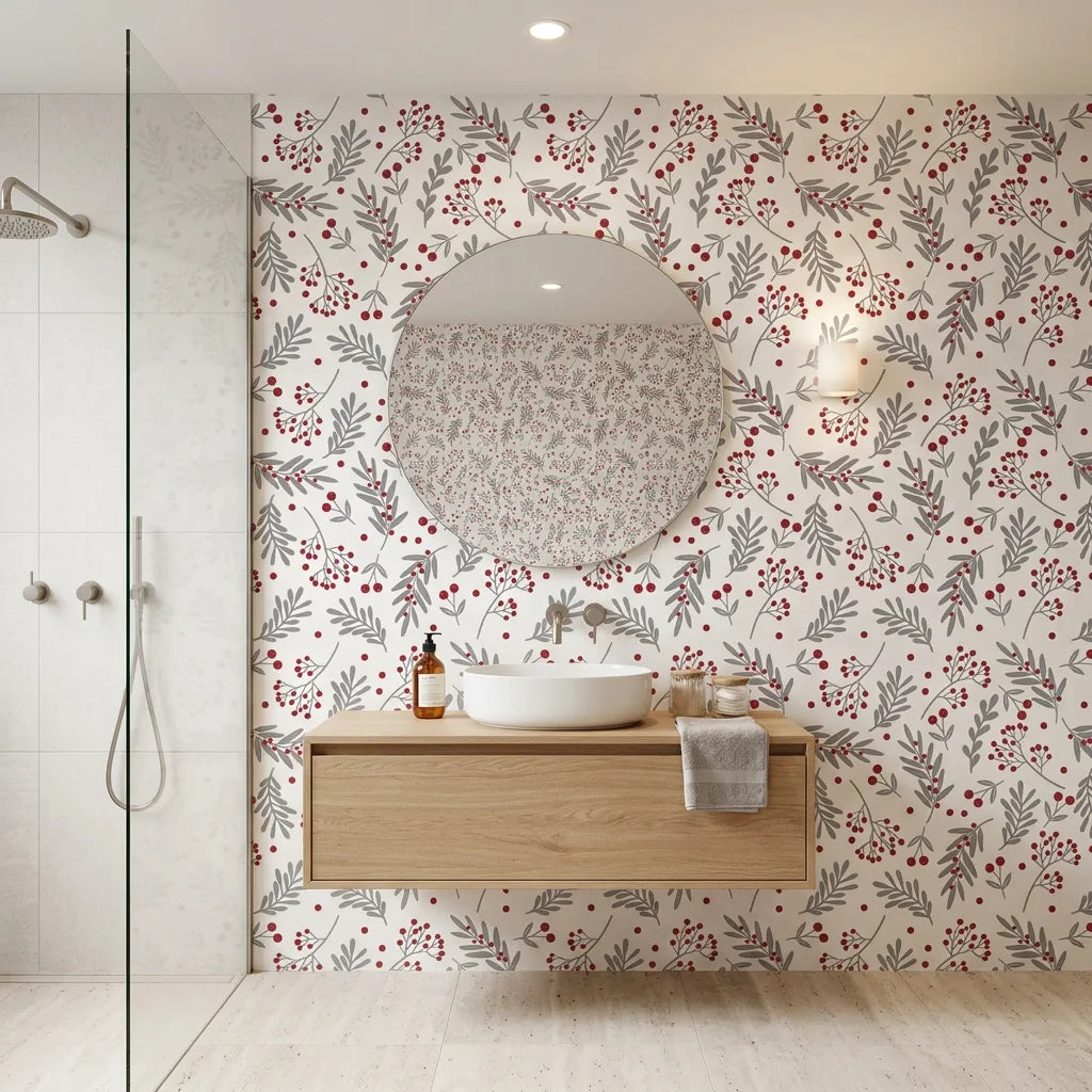 Silver & Berry modern red botanical wallpaper creating ambiance in a serene bathroom
