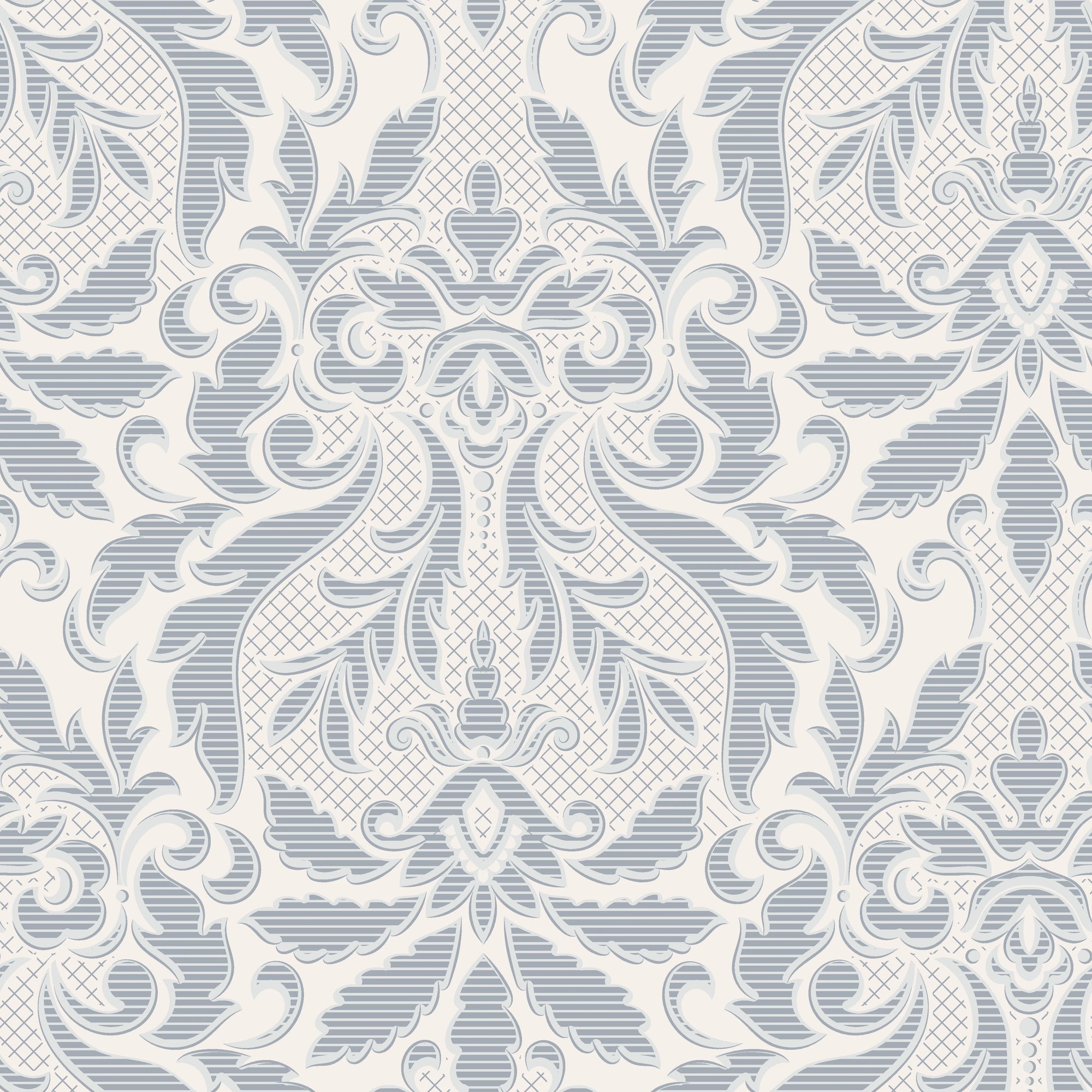 Smooth peel and stick wallpaper with blue grey damask - Silver Damascene