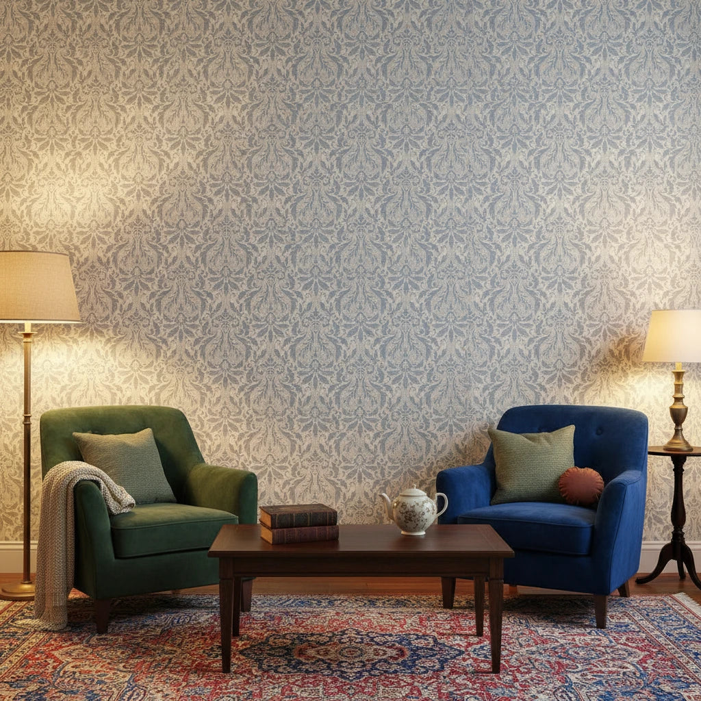 Silver Damascene elegant blue grey damask wallpaper in a warm and inviting living room